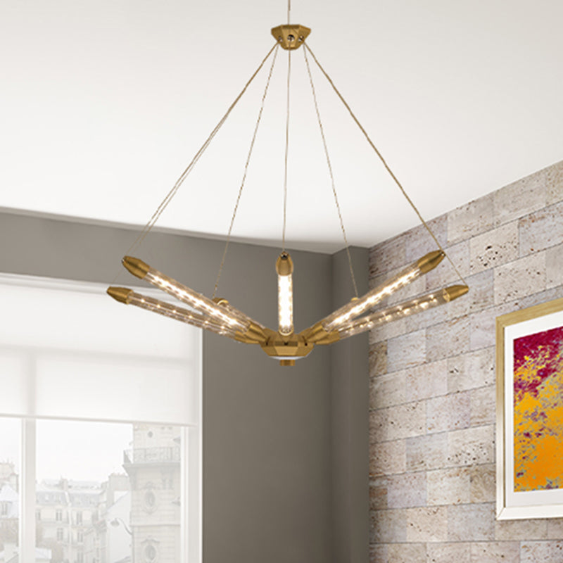 7/11 Lights Chandelier Pendant Light Post Modern Black/Gold Hanging Lighting with Tube Glass Shade 7 Gold Clearhalo 'Ceiling Lights' 'Chandeliers' 'Glass shade' 'Glass' 'Modern Chandeliers' 'Modern' Lighting' 248676