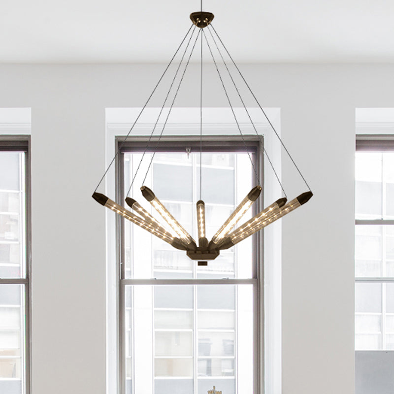 7/11 Lights Chandelier Pendant Light Post Modern Black/Gold Hanging Lighting with Tube Glass Shade Clearhalo 'Ceiling Lights' 'Chandeliers' 'Glass shade' 'Glass' 'Modern Chandeliers' 'Modern' Lighting' 248679