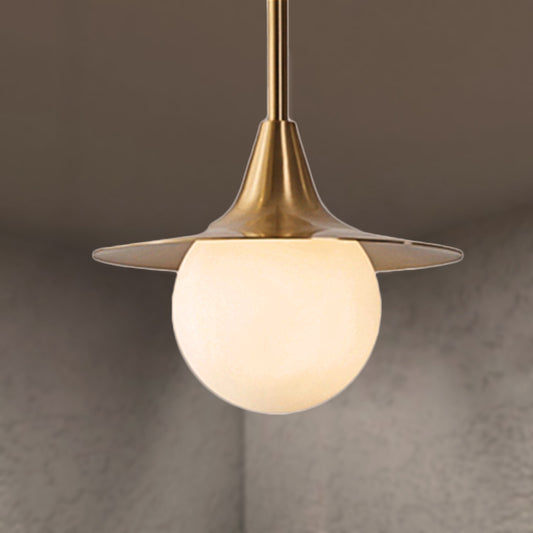 1 Light Flared Ceiling Pendant Light with Milk Glass Ball Shade Mid Century Brass Hanging Lamp for Dining Table Brass Clearhalo 'Ceiling Lights' 'Modern Pendants' 'Modern' 'Pendant Lights' 'Pendants' Lighting' 248692