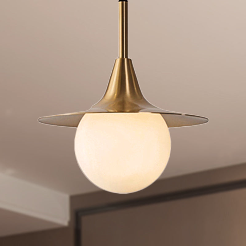 1 Light Flared Ceiling Pendant Light with Milk Glass Ball Shade Mid Century Brass Hanging Lamp for Dining Table Clearhalo 'Ceiling Lights' 'Modern Pendants' 'Modern' 'Pendant Lights' 'Pendants' Lighting' 248693