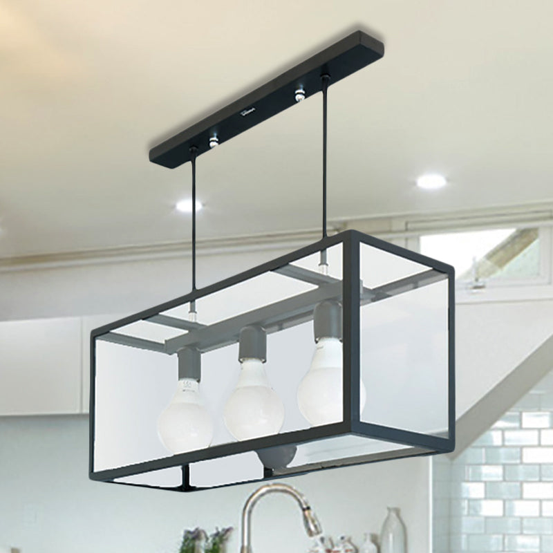 Rectangle White Glass Hanging Pendant Industrial 3-Light Kitchen Island Light Fixture in Clear Clear Clearhalo 'Ceiling Lights' 'Glass shade' 'Glass' 'Island Lights' 'Pendant Lights' Lighting' 248719
