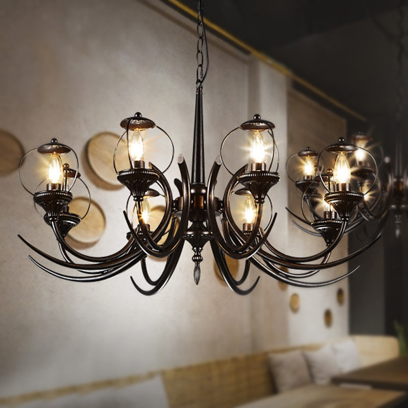 Farmhouse Wire Guard Chandelier Lighting with Curved Arm 8 Heads Iron Hanging Light Fixture in Black Clearhalo 'Ceiling Lights' 'Chandeliers' Lighting' options 248743