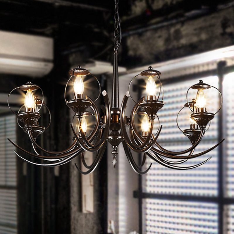 Farmhouse Wire Guard Chandelier Lighting with Curved Arm 8 Heads Iron Hanging Light Fixture in Black Clearhalo 'Ceiling Lights' 'Chandeliers' Lighting' options 248748