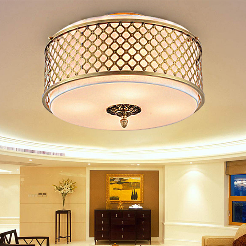 Drum Metal Flush Mount Lamp Classic 4/5 Lights Living Room Ceiling Lighting in Brass, 16"/19.5" Wide Clearhalo 'Ceiling Lights' 'Close To Ceiling Lights' 'Close to ceiling' 'Flush mount' Lighting' 248759