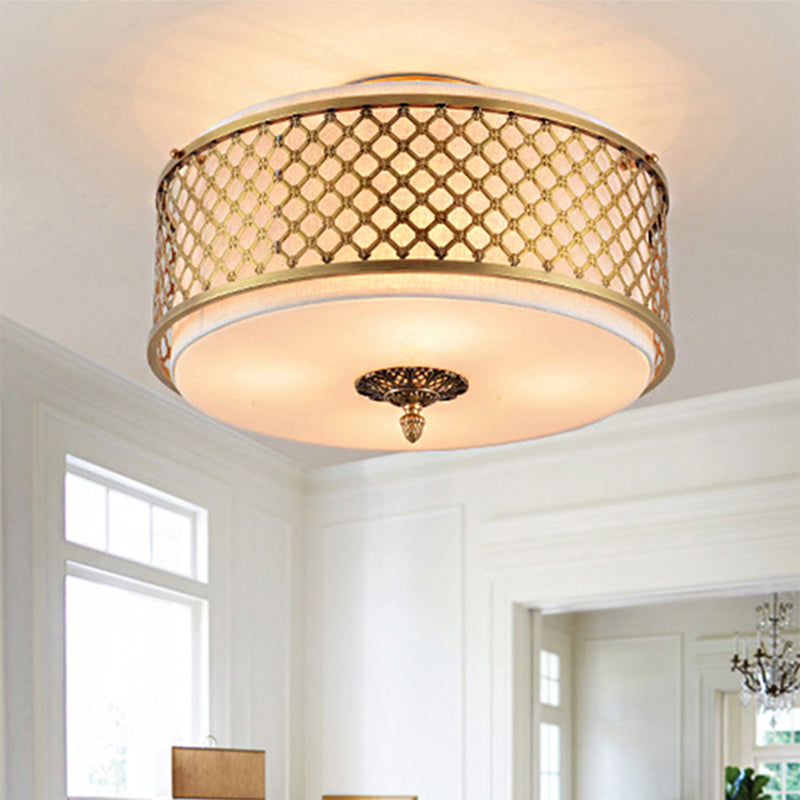 Drum Metal Flush Mount Lamp Classic 4/5 Lights Living Room Ceiling Lighting in Brass, 16"/19.5" Wide Brass 19.5" Clearhalo 'Ceiling Lights' 'Close To Ceiling Lights' 'Close to ceiling' 'Flush mount' Lighting' 248760