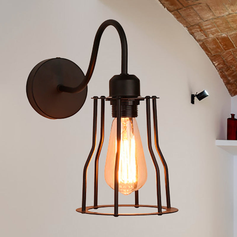 Caged Farmhouse Wall Sconce Light with Gooseneck Arm Vintage Style Iron 1 Light Black Wall Mount Light Black Clearhalo 'Art deco wall lights' 'Cast Iron' 'Glass' 'Industrial wall lights' 'Industrial' 'Middle century wall lights' 'Modern' 'Rustic wall lights' 'Tiffany' 'Traditional wall lights' 'Wall Lamps & Sconces' 'Wall Lights' Lighting' 248822
