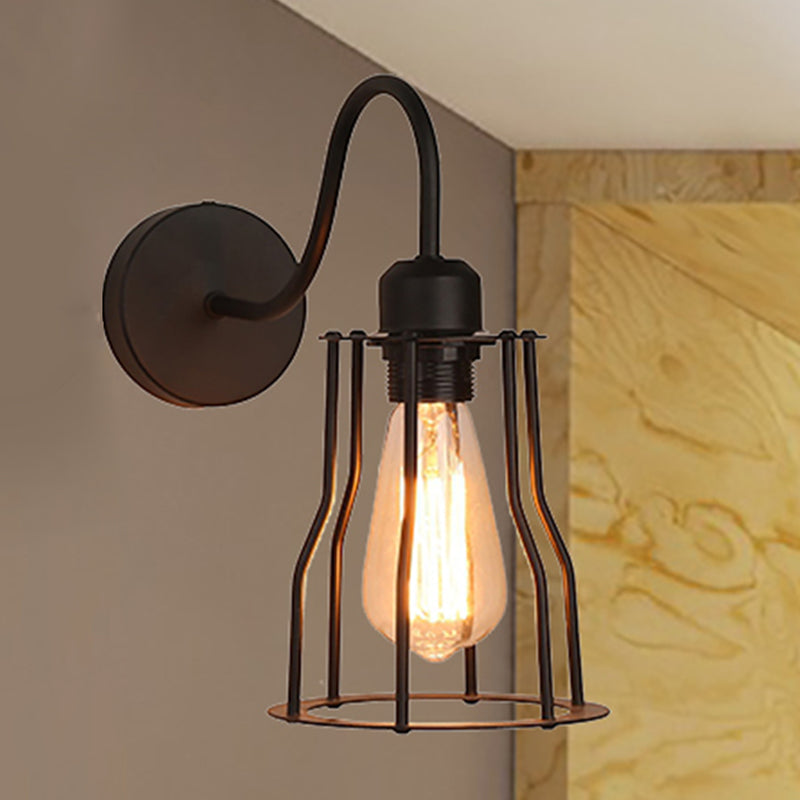 Caged Farmhouse Wall Sconce Light with Gooseneck Arm Vintage Style Iron 1 Light Black Wall Mount Light Clearhalo 'Art deco wall lights' 'Cast Iron' 'Glass' 'Industrial wall lights' 'Industrial' 'Middle century wall lights' 'Modern' 'Rustic wall lights' 'Tiffany' 'Traditional wall lights' 'Wall Lamps & Sconces' 'Wall Lights' Lighting' 248823