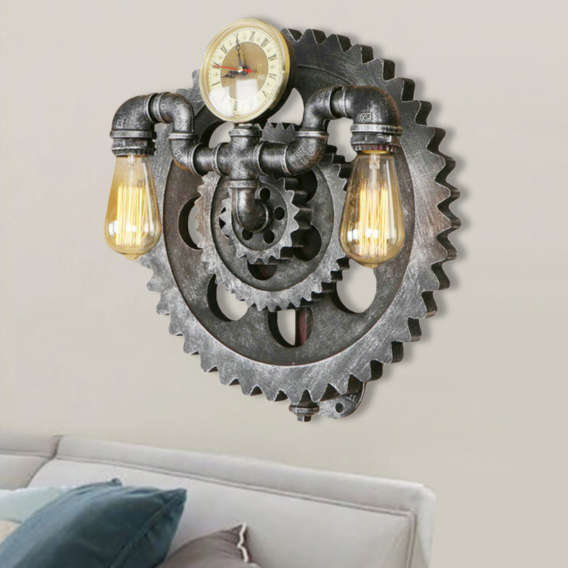 Gear Wrought Iron Wall Sconce with Exposed Bulb Industrial 2 Lights Living Room Wall Lighting in Aged Silver Clearhalo 'Art deco wall lights' 'Cast Iron' 'Glass' 'Industrial wall lights' 'Industrial' 'Middle century wall lights' 'Modern' 'Rustic wall lights' 'Tiffany' 'Traditional wall lights' 'Wall Lamps & Sconces' 'Wall Lights' Lighting' 248840