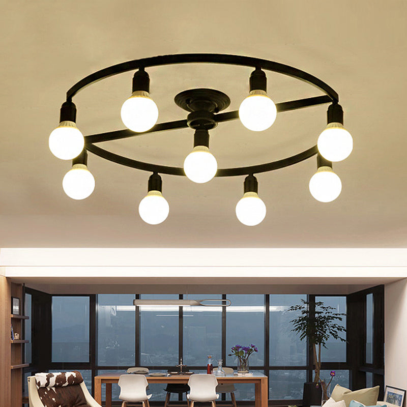 Black Bare Bulb Semi Flush Mount Classic Metal 7/9 Lights Living Room Ceiling Light Fixture 9 Black Clearhalo 'Ceiling Lights' 'Close To Ceiling Lights' 'Close to ceiling' 'Semi-flushmount' Lighting' 248852