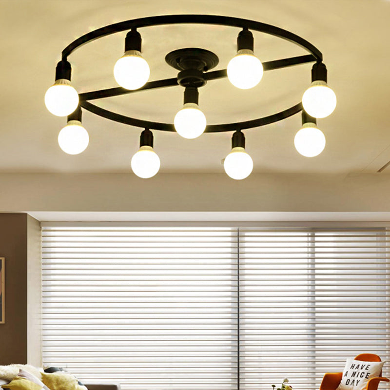 Black Bare Bulb Semi Flush Mount Classic Metal 7/9 Lights Living Room Ceiling Light Fixture Clearhalo 'Ceiling Lights' 'Close To Ceiling Lights' 'Close to ceiling' 'Semi-flushmount' Lighting' 248853