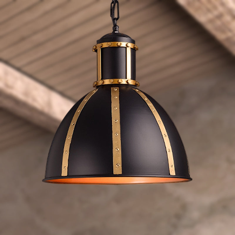 1 Light Dome Suspension Lamp Vintage Style Black Finish Metal Pendant Lighting with Rivets Decoration Black Clearhalo 'Ceiling Lights' 'Modern Pendants' 'Modern' 'Pendant Lights' 'Pendants' Lighting' 248865