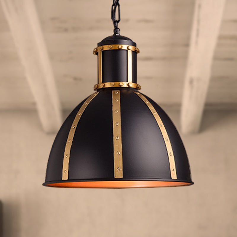 1 Light Dome Suspension Lamp Vintage Style Black Finish Metal Pendant Lighting with Rivets Decoration Clearhalo 'Ceiling Lights' 'Modern Pendants' 'Modern' 'Pendant Lights' 'Pendants' Lighting' 248866