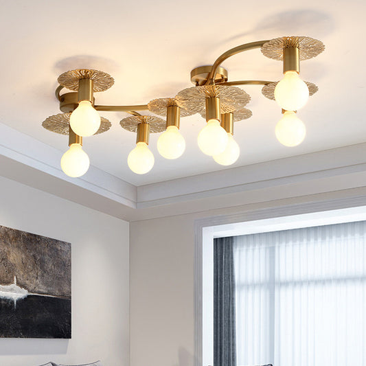 6/8 Lights Flat Semi Flush Lighting Traditional Brass Metal Ceiling Mount for Living Room Brass Clearhalo 'Ceiling Lights' 'Close To Ceiling Lights' 'Close to ceiling' 'Semi-flushmount' Lighting' 248870