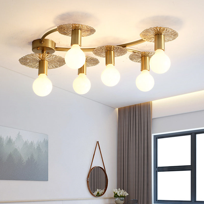 6/8 Lights Flat Semi Flush Lighting Traditional Brass Metal Ceiling Mount for Living Room Clearhalo 'Ceiling Lights' 'Close To Ceiling Lights' 'Close to ceiling' 'Semi-flushmount' Lighting' 248872