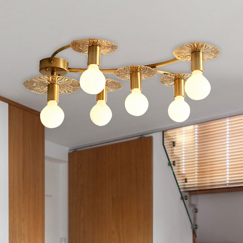 6/8 Lights Flat Semi Flush Lighting Traditional Brass Metal Ceiling Mount for Living Room Clearhalo 'Ceiling Lights' 'Close To Ceiling Lights' 'Close to ceiling' 'Semi-flushmount' Lighting' 248873