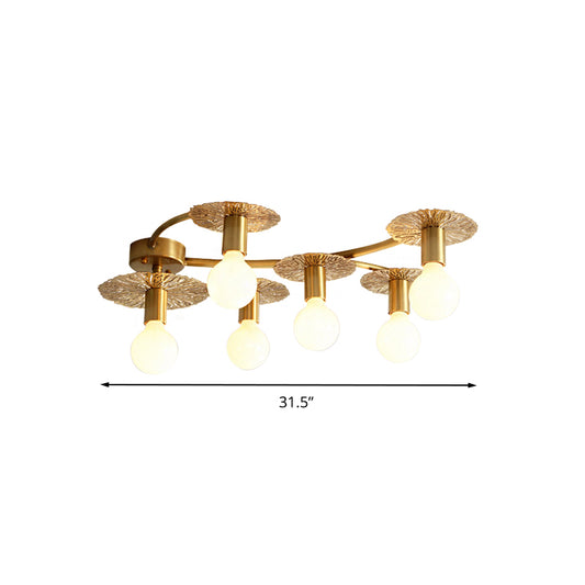 6/8 Lights Flat Semi Flush Lighting Traditional Brass Metal Ceiling Mount for Living Room Clearhalo 'Ceiling Lights' 'Close To Ceiling Lights' 'Close to ceiling' 'Semi-flushmount' Lighting' 248874