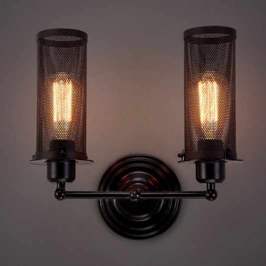 Cylinder Iron Wall Sconce Lighting with Mesh Shade Antique Style 1/2-Bulb Farmhouse Wall Mounted Lamp in Black Clearhalo 'Art deco wall lights' 'Cast Iron' 'Glass' 'Industrial wall lights' 'Industrial' 'Middle century wall lights' 'Modern' 'Rustic wall lights' 'Tiffany' 'Traditional wall lights' 'Wall Lamps & Sconces' 'Wall Lights' Lighting' 249023