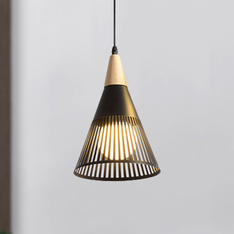 Metallic Cone Ceiling Light with Cage Shade Contemporary 1 Light Bedroom Pendant Lighting in Black/Gold/White Black Clearhalo 'Ceiling Lights' 'Modern Pendants' 'Modern' 'Pendant Lights' 'Pendants' Lighting' 249053