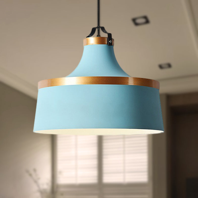 1 Light Drum Pendant Light Nordic Style Black/Blue/Green Metallic Ceiling Light Fixture for Coffee Shop Clearhalo 'Ceiling Lights' 'Modern Pendants' 'Modern' 'Pendant Lights' 'Pendants' Lighting' 249096