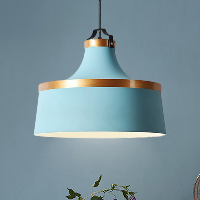 1 Light Drum Pendant Light Nordic Style Black/Blue/Green Metallic Ceiling Light Fixture for Coffee Shop Clearhalo 'Ceiling Lights' 'Modern Pendants' 'Modern' 'Pendant Lights' 'Pendants' Lighting' 249097