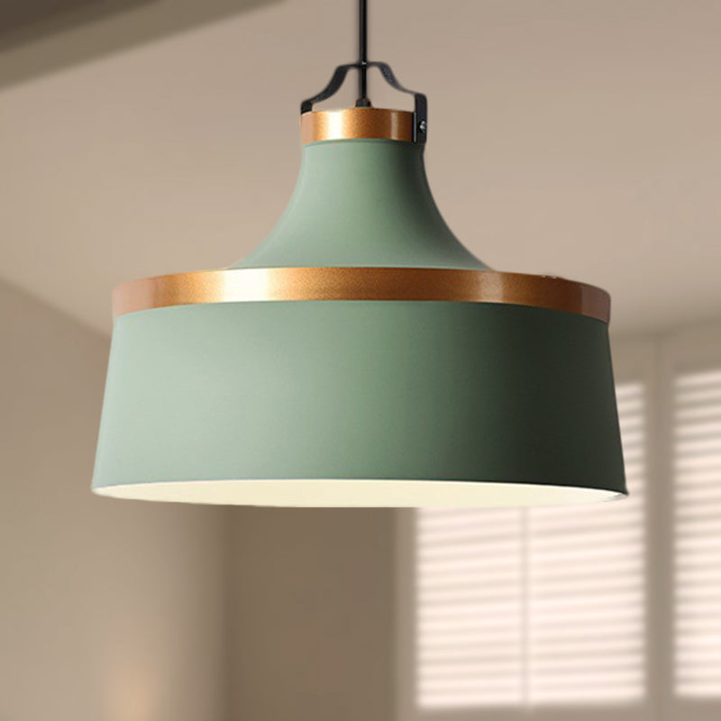 1 Light Drum Pendant Light Nordic Style Black/Blue/Green Metallic Ceiling Light Fixture for Coffee Shop Green Clearhalo 'Ceiling Lights' 'Modern Pendants' 'Modern' 'Pendant Lights' 'Pendants' Lighting' 249098