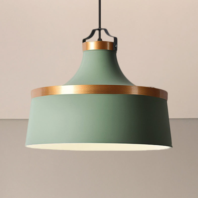 1 Light Drum Pendant Light Nordic Style Black/Blue/Green Metallic Ceiling Light Fixture for Coffee Shop Clearhalo 'Ceiling Lights' 'Modern Pendants' 'Modern' 'Pendant Lights' 'Pendants' Lighting' 249100