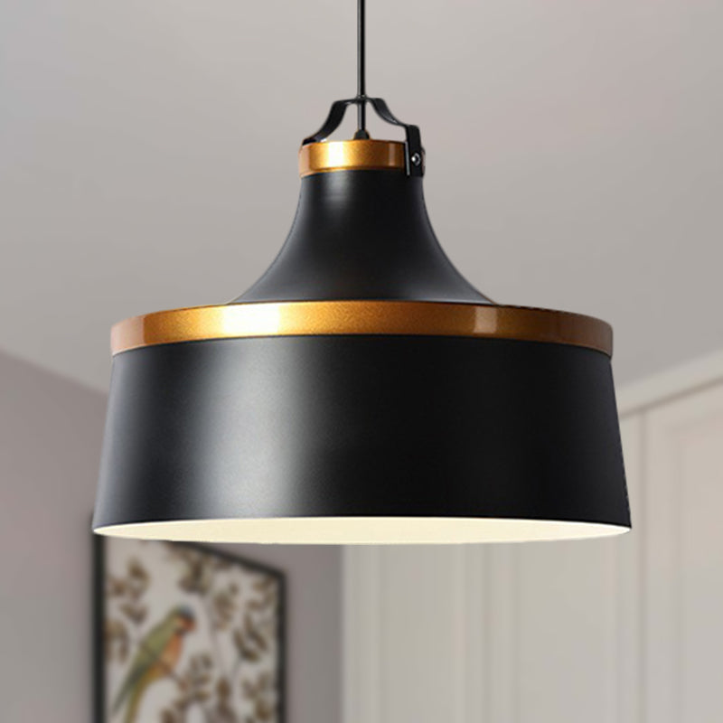 1 Light Drum Pendant Light Nordic Style Black/Blue/Green Metallic Ceiling Light Fixture for Coffee Shop Black Clearhalo 'Ceiling Lights' 'Modern Pendants' 'Modern' 'Pendant Lights' 'Pendants' Lighting' 249107