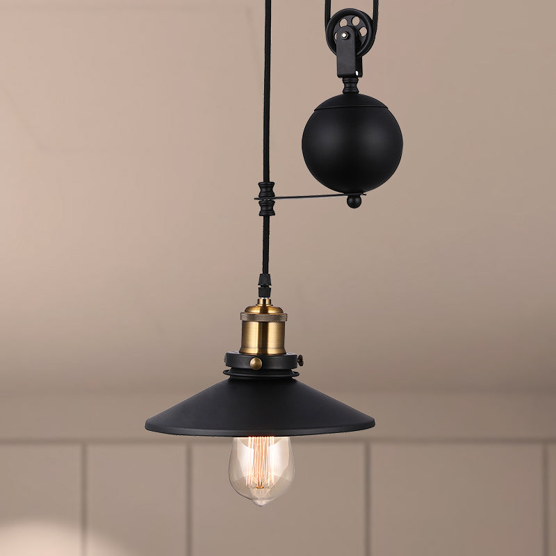 Black Conic Ceiling Light Fixture Vintage Style Metallic 1 Bulb Living Room Hanging Pendant Light with Pulley Black Clearhalo 'Art Deco Pendants' 'Black' 'Cast Iron' 'Ceiling Lights' 'Ceramic' 'Crystal' 'Industrial Pendants' 'Industrial' 'Metal' 'Middle Century Pendants' 'Pendant Lights' 'Pendants' 'Rustic Pendants' 'Tiffany' Lighting' 249172
