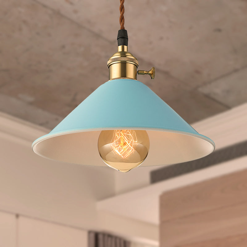 Conic Shade Dining Room Ceiling Light Fixture Industrial Style Metal 1 Light Gray/White/Pink Pendant Lighting Blue Clearhalo 'Ceiling Lights' 'Modern Pendants' 'Modern' 'Pendant Lights' 'Pendants' Lighting' 249390