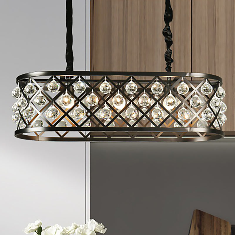 3 Lights Dining Room Chandelier Lamp with Oval Crystal and Metal Shade Vintage Black Ceiling Light Clearhalo 'Ceiling Lights' 'Island Lights' Lighting' 249553