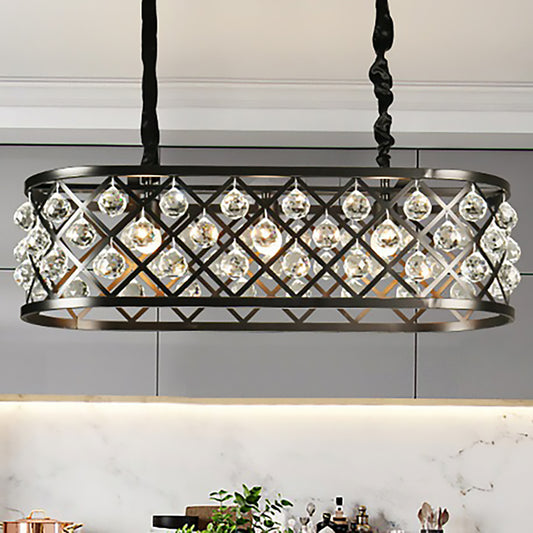 3 Lights Dining Room Chandelier Lamp with Oval Crystal and Metal Shade Vintage Black Ceiling Light Black Clearhalo 'Ceiling Lights' 'Island Lights' Lighting' 249554