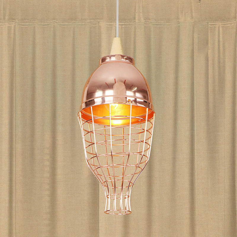 Rose Gold Bowl/Globe/Bottle Shade Pendant Light Vintage Metallic 1 Light Living Room Ceiling Light with Wire Cage Rose Gold B Clearhalo 'Ceiling Lights' 'Modern Pendants' 'Modern' 'Pendant Lights' 'Pendants' Lighting' 249607