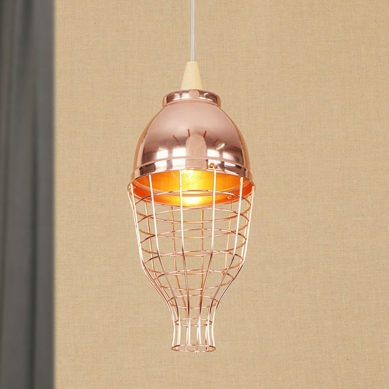 Rose Gold Bowl/Globe/Bottle Shade Pendant Light Vintage Metallic 1 Light Living Room Ceiling Light with Wire Cage Clearhalo 'Ceiling Lights' 'Modern Pendants' 'Modern' 'Pendant Lights' 'Pendants' Lighting' 249608