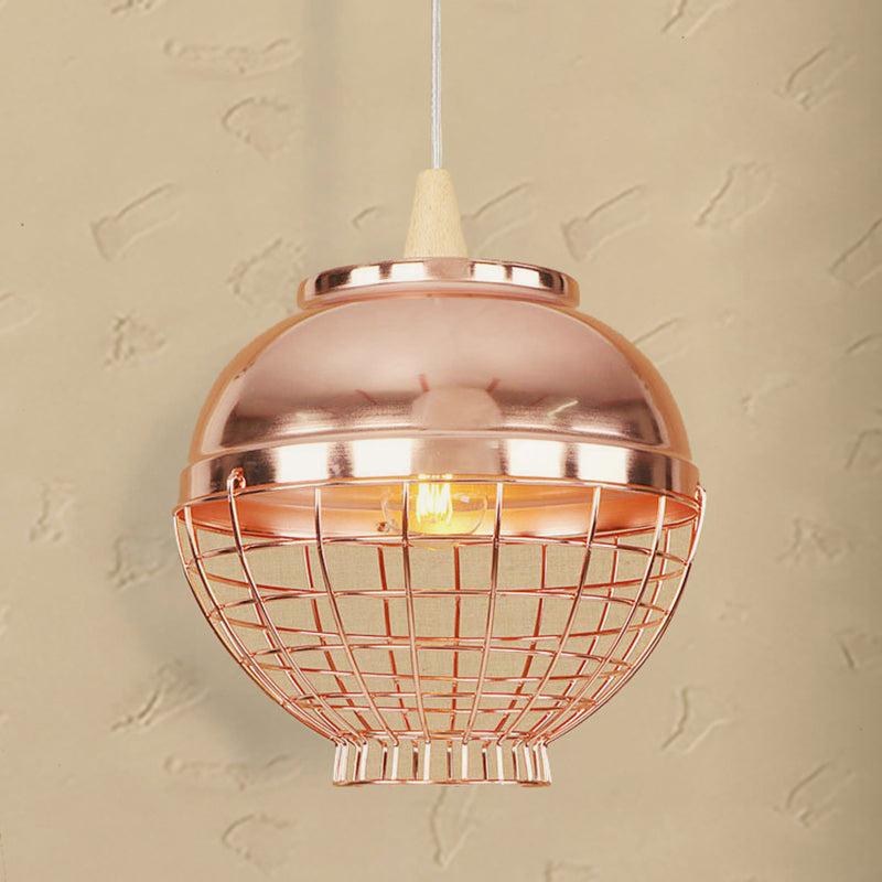 Rose Gold Bowl/Globe/Bottle Shade Pendant Light Vintage Metallic 1 Light Living Room Ceiling Light with Wire Cage Rose Gold C Clearhalo 'Ceiling Lights' 'Modern Pendants' 'Modern' 'Pendant Lights' 'Pendants' Lighting' 249609