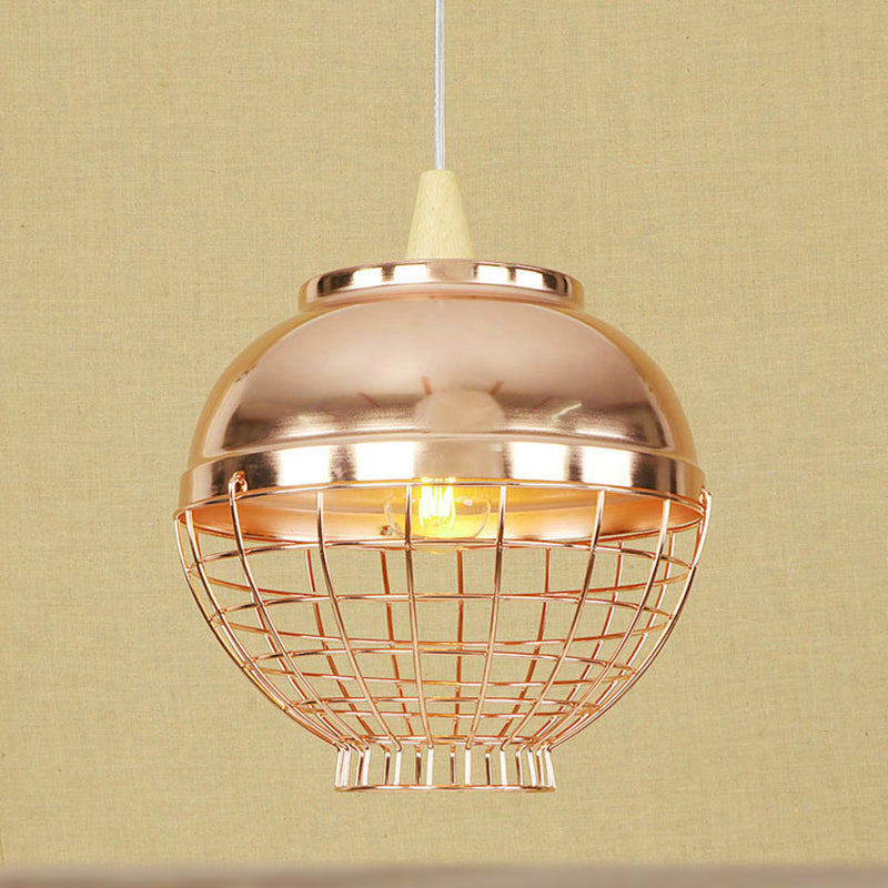 Rose Gold Bowl/Globe/Bottle Shade Pendant Light Vintage Metallic 1 Light Living Room Ceiling Light with Wire Cage Clearhalo 'Ceiling Lights' 'Modern Pendants' 'Modern' 'Pendant Lights' 'Pendants' Lighting' 249610