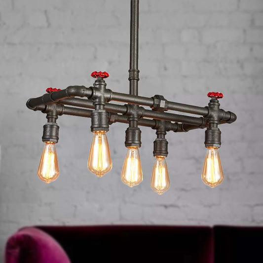 Black Finish Tubing Hanging Lamp with Red Valve Antique Metal 5-Bulb Dining Room Chandelier Lighting Black Clearhalo 'Ceiling Lights' 'Island Lights' Lighting' 249611