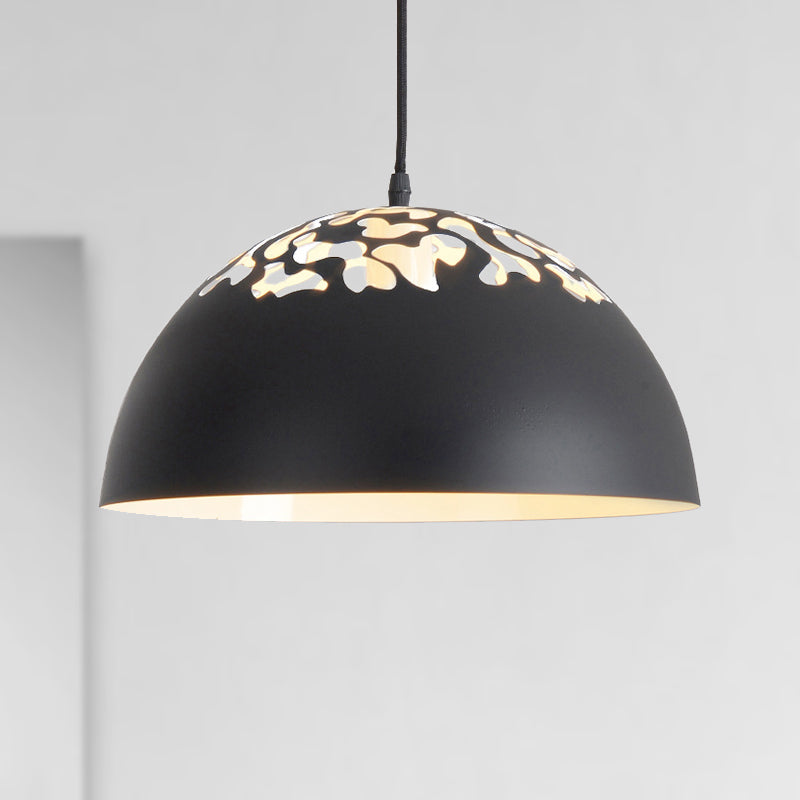 12"/16" Dia Industrial Domed Pendant Lighting 1 Light Metal Suspension Light with Hollow Out Design in Black/White Black Clearhalo 'Ceiling Lights' 'Modern Pendants' 'Modern' 'Pendant Lights' 'Pendants' Lighting' 249671