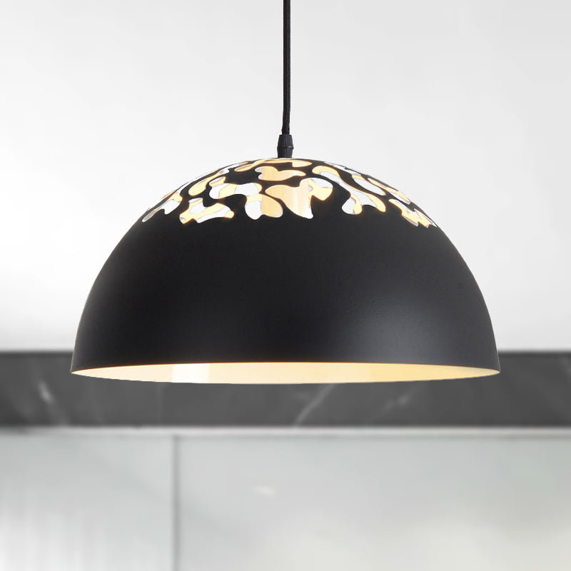 12"/16" Dia Industrial Domed Pendant Lighting 1 Light Metal Suspension Light with Hollow Out Design in Black/White Clearhalo 'Ceiling Lights' 'Modern Pendants' 'Modern' 'Pendant Lights' 'Pendants' Lighting' 249672