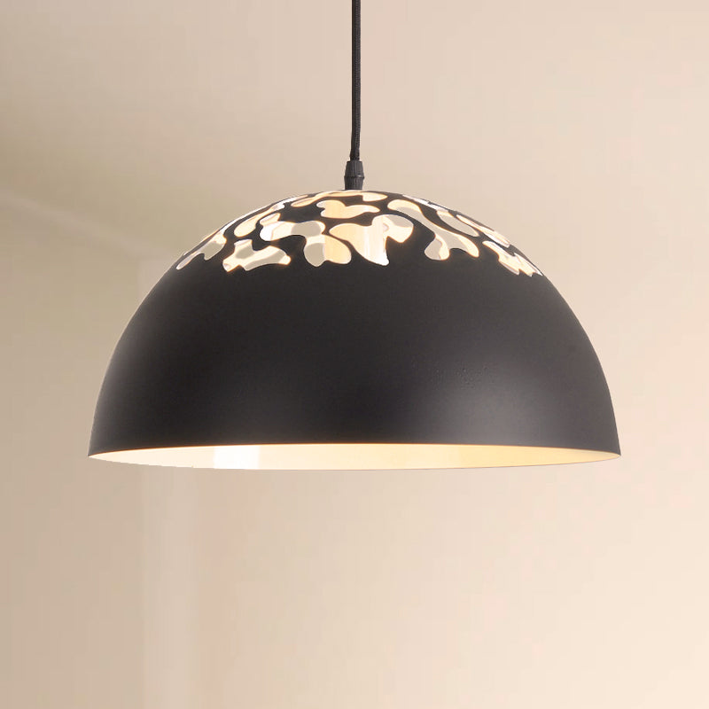 12"/16" Dia Industrial Domed Pendant Lighting 1 Light Metal Suspension Light with Hollow Out Design in Black/White Clearhalo 'Ceiling Lights' 'Modern Pendants' 'Modern' 'Pendant Lights' 'Pendants' Lighting' 249673