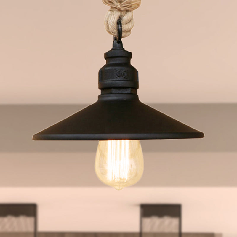 Black 1 Bulb Pendant Lamp Antique Stylish Metallic Cone Shade Hanging Light with Rope for Farmhouse Black Clearhalo 'Art Deco Pendants' 'Black' 'Cast Iron' 'Ceiling Lights' 'Ceramic' 'Crystal' 'Industrial Pendants' 'Industrial' 'Metal' 'Middle Century Pendants' 'Pendant Lights' 'Pendants' 'Rustic Pendants' 'Tiffany' Lighting' 249676