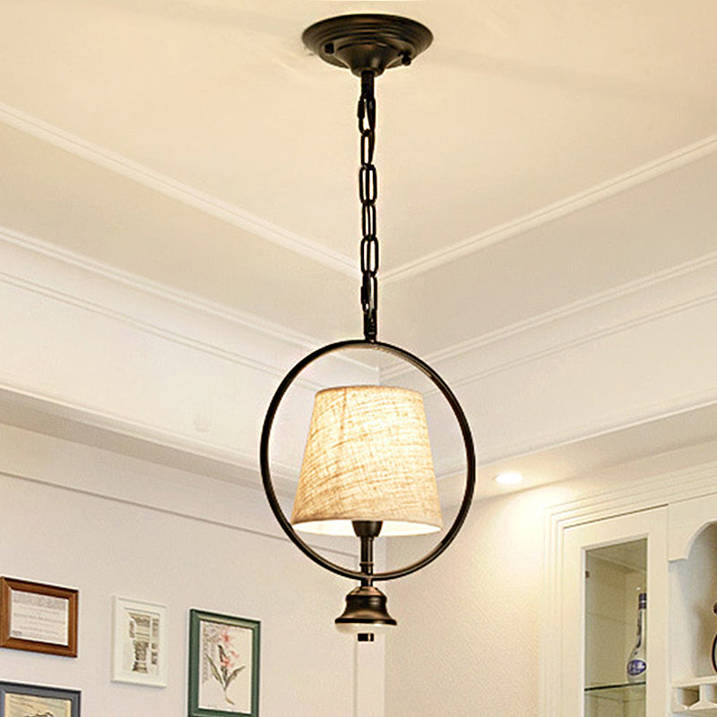 Black 1 Light Pendant Lighting Fixture Traditional Fabric Trapezoid Hanging Ceiling Light with Iron Ring Black Clearhalo 'Ceiling Lights' 'Pendant Lights' 'Pendants' Lighting' 249678_5c561655-4e48-4f19-8eff-e86316aab232