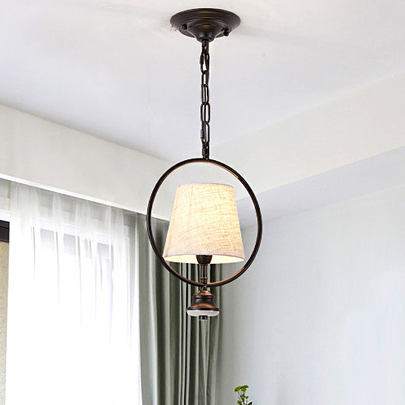 Black 1 Light Pendant Lighting Fixture Traditional Fabric Trapezoid Hanging Ceiling Light with Iron Ring Clearhalo 'Ceiling Lights' 'Pendant Lights' 'Pendants' Lighting' 249679