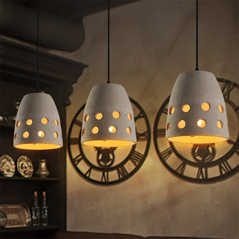 Gray Bucket Pendant Light Industrial Cement 1 Head Dining Table Hanging Lamp with Hollow Out Design Grey Clearhalo 'Ceiling Lights' 'Modern Pendants' 'Modern' 'Pendant Lights' 'Pendants' Lighting' 249689