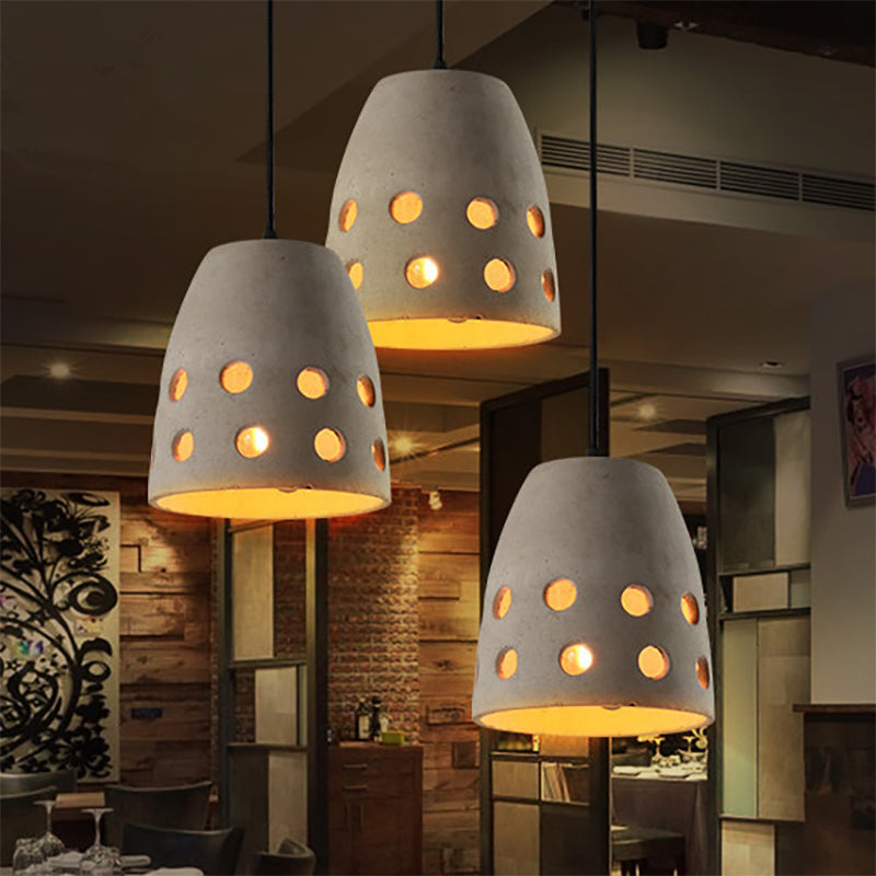 Gray Bucket Pendant Light Industrial Cement 1 Head Dining Table Hanging Lamp with Hollow Out Design Clearhalo 'Ceiling Lights' 'Modern Pendants' 'Modern' 'Pendant Lights' 'Pendants' Lighting' 249690