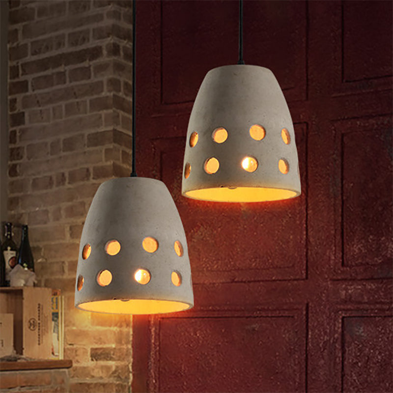 Gray Bucket Pendant Light Industrial Cement 1 Head Dining Table Hanging Lamp with Hollow Out Design Clearhalo 'Ceiling Lights' 'Modern Pendants' 'Modern' 'Pendant Lights' 'Pendants' Lighting' 249691