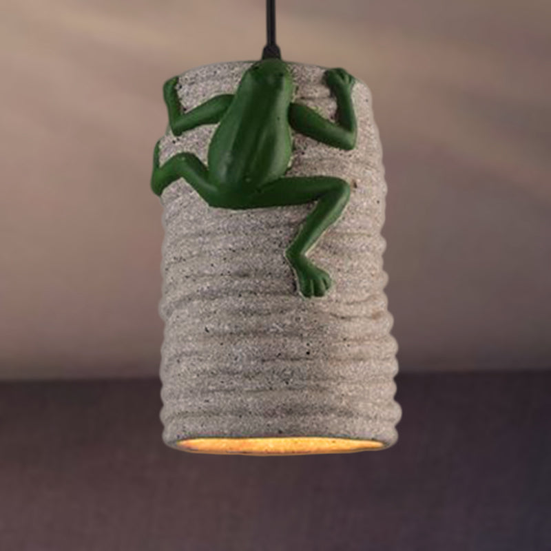 Industrial Cylinder Pendant Light with Frog Deco 1 Light Cement and Resin Pendant Lamp in Brass/Black/Grey for Bar Grey Clearhalo 'Ceiling Lights' 'Modern Pendants' 'Modern' 'Pendant Lights' 'Pendants' Lighting' 249751