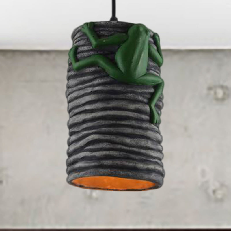 Industrial Cylinder Pendant Light with Frog Deco 1 Light Cement and Resin Pendant Lamp in Brass/Black/Grey for Bar Black Clearhalo 'Ceiling Lights' 'Modern Pendants' 'Modern' 'Pendant Lights' 'Pendants' Lighting' 249754