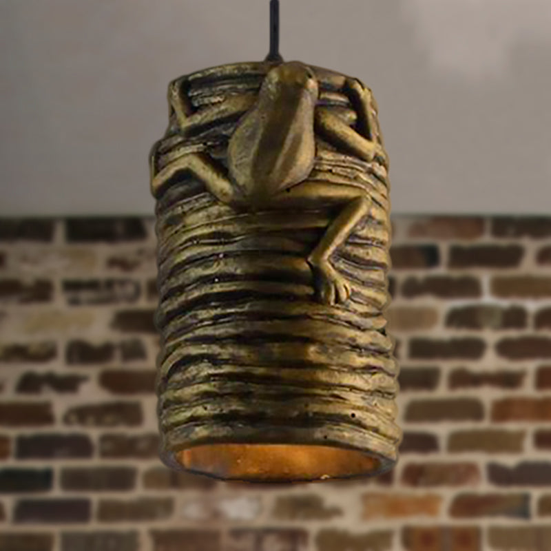 Industrial Cylinder Pendant Light with Frog Deco 1 Light Cement and Resin Pendant Lamp in Brass/Black/Grey for Bar Brass Clearhalo 'Ceiling Lights' 'Modern Pendants' 'Modern' 'Pendant Lights' 'Pendants' Lighting' 249757