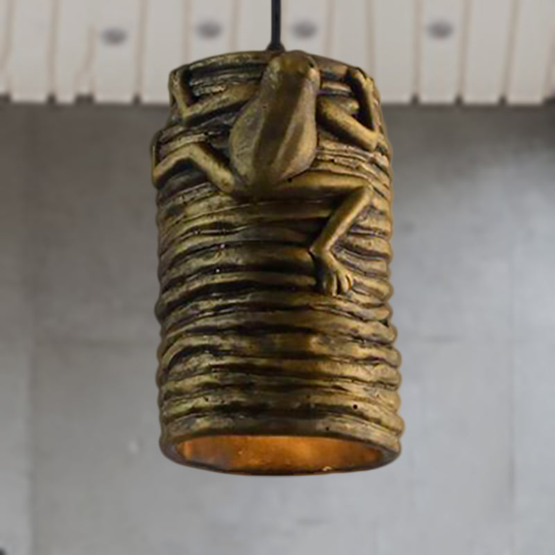 Industrial Cylinder Pendant Light with Frog Deco 1 Light Cement and Resin Pendant Lamp in Brass/Black/Grey for Bar Clearhalo 'Ceiling Lights' 'Modern Pendants' 'Modern' 'Pendant Lights' 'Pendants' Lighting' 249758