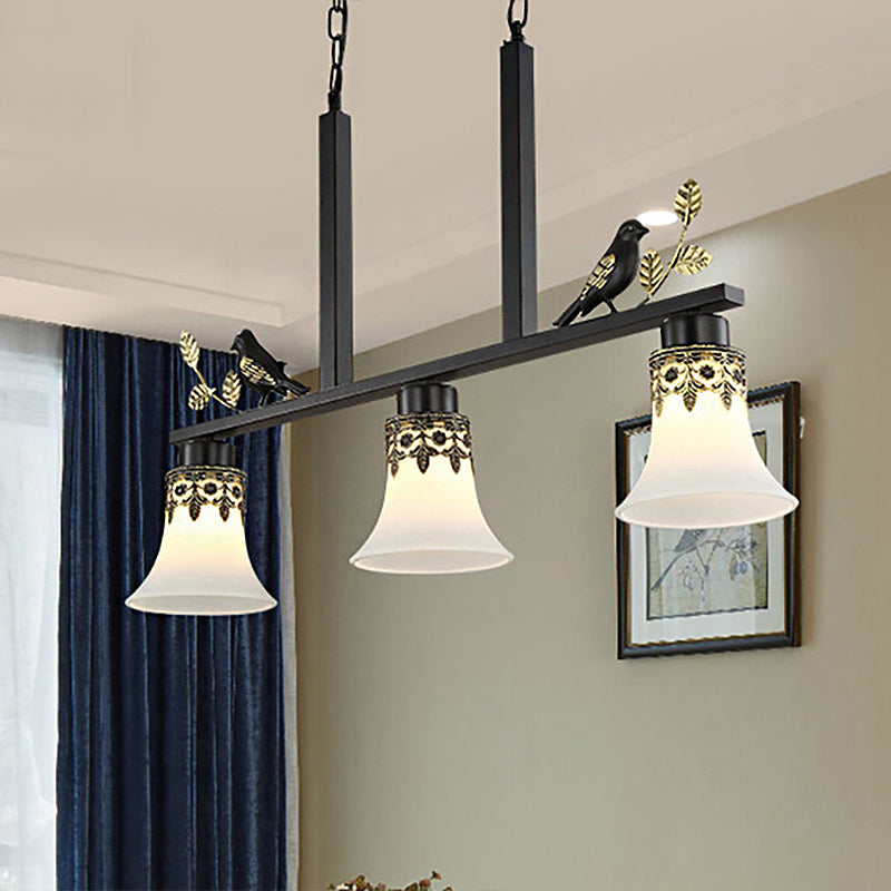 Bell Dining Room Island Pendant Light Classic Frosted Glass 3 Lights Black Hanging Lamp Kit with Birds Black Clearhalo 'Ceiling Lights' 'Glass shade' 'Glass' 'Island Lights' Lighting' 249811